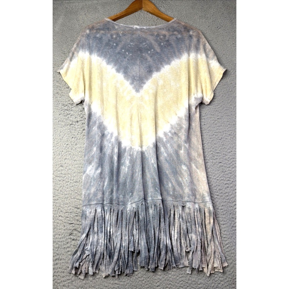 T Party Top Dress Womens Size Large Tie Dyed Gray White Yellow Fringed Tunic - Picture 4 of 8